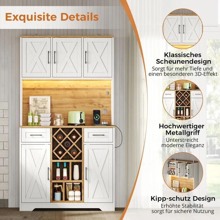 ZUBALIYA hoher Stauraumschrank mit LED-Beleuchtung / Vorratsschrank mit Weinregalen, mit weinschrank & Vitrinenschrank für Wohnzimmer und Esszimmer, 180 x 105 x 40 cm, fürs Wohnzimmer, mit Schubladen – Bild 12