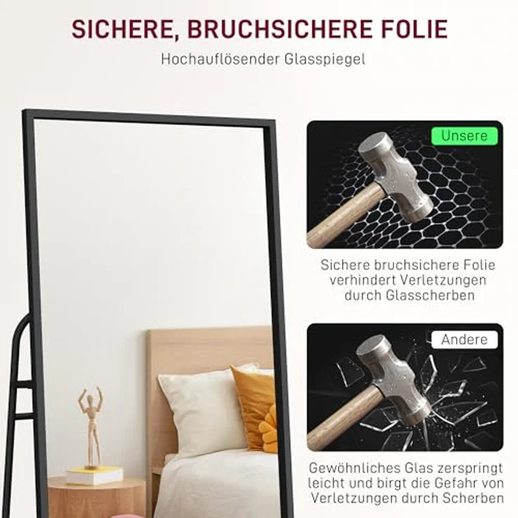 HOMCOM Ganzkörperspiegel 157 x 50 cm, Rechteckiger Standspiegel mit Regal und 2 Haken, Metallrahmen in Schwarz, ideal für Schlafzimmer, Wohnzimmer und Flur – Bild 5