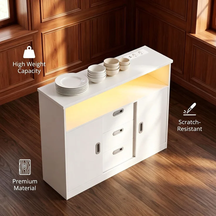 Halupeit Weißes Sideboard für Küche/Wohnzimmer mit Schiebetüren, drei Schubladen, verstellbaren Einlegeböden, Steckdosenleiste und LED-Ambientebeleuchtung, 33,5 x 100,5 x 80,5 cm – Bild 6