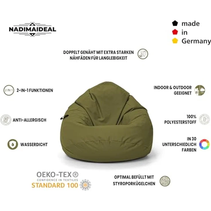 Nadimaideal Sitzsack Tropfenform Kastanie | Bodenkissen für Kinder & Erwachsene | Indoor & Outdoor | Gaming Sitzsack - Sitzkissen - Beanbag | Füllung EPS Perlen (Khaki, XXL-Durchmesser 88 cm) – Bild 4
