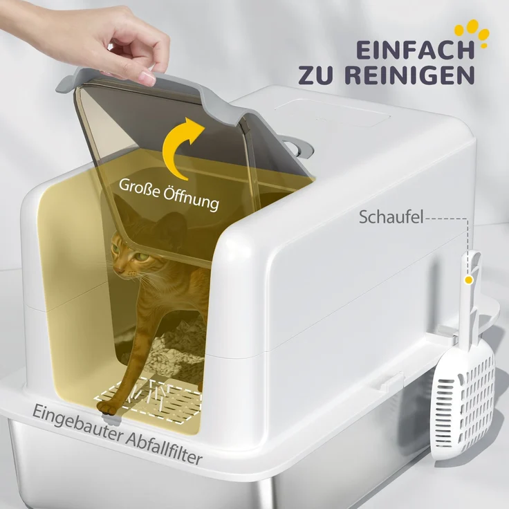 Katzentoilette mit Edelstahlwanne, Deckel & Streufilter, 40,5x60,5x41,5 cm, Weiß – Bild 6