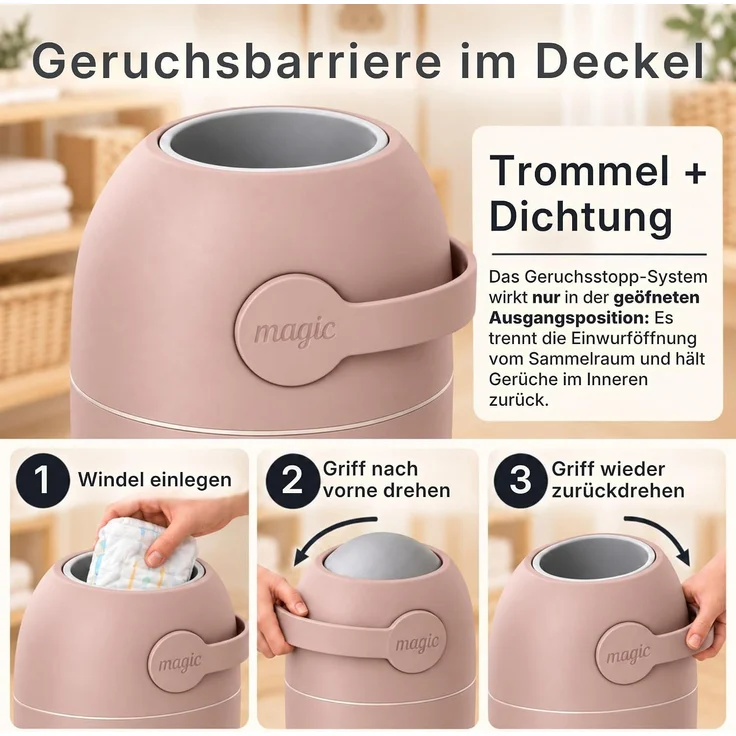 Set Magic Windeleimer, Abfalleimer mit Geruchsstopp, ohne Kassette + Windel – Bild 4