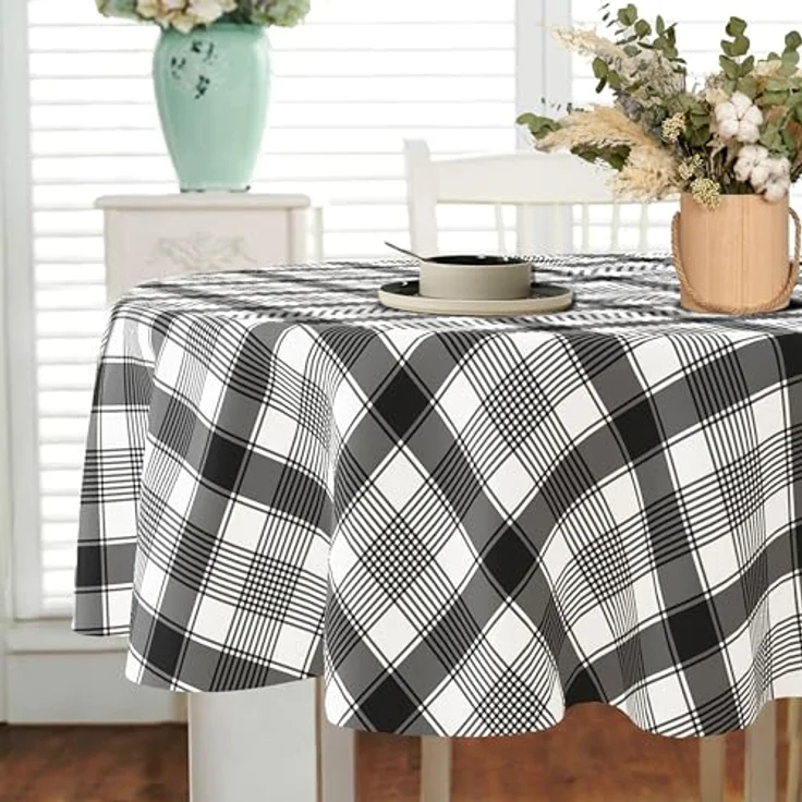 Buffalo Plaid ovale Tischdecke 152,4x213,3 cm, schwarz-weiß, rustikal im Landhausstil. Wasserdicht, Polyester, perfekt für Bauernhaus, Küche, drinnen & draußen, Partys und Picknicks – Bild 3