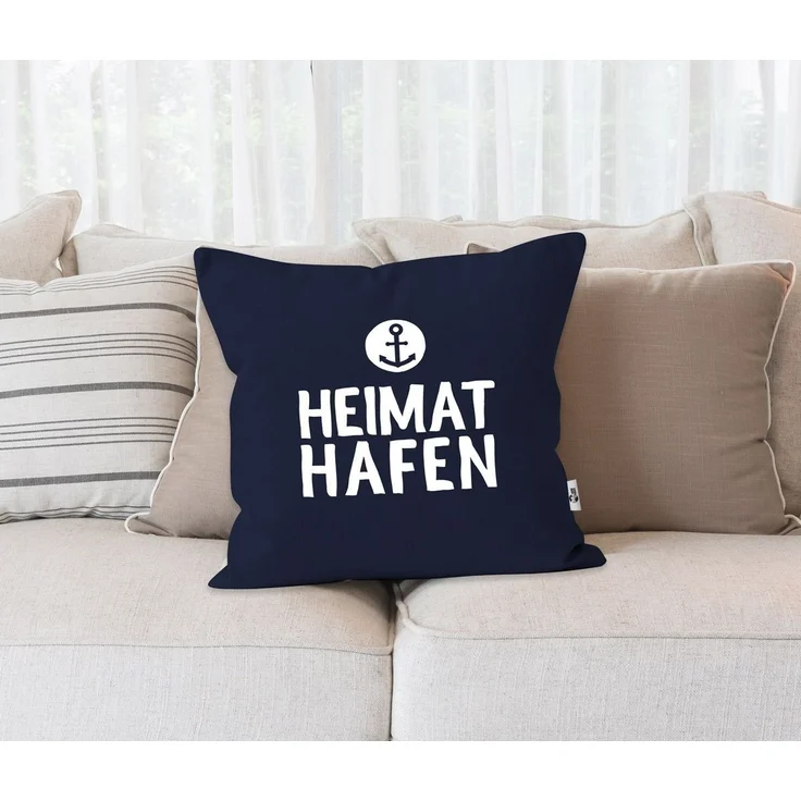 MoonWorks Dekokissen Kissenbezug Aufschrift Heimathafen Anker Geschenk Partner Familie Freunde maritimes Motiv Moonworks® – Bild 2