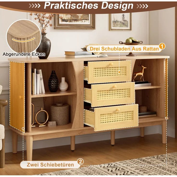 ZUBALIYA Kommode 141x40x77 cm, mit verstellbaren Einlegeböden, aus MDF, Natur – Bild 4