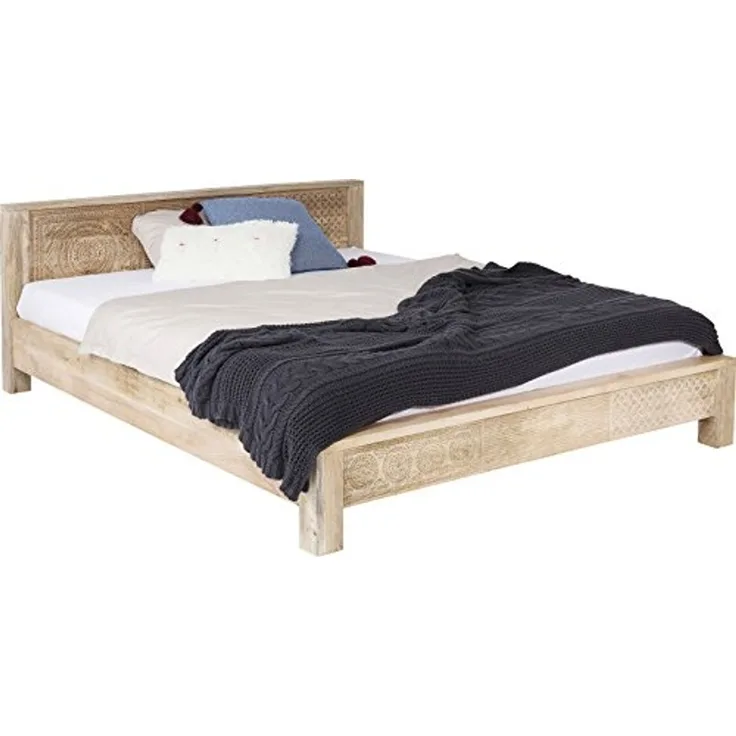 Kare Design Bett Puro, 160x200 cm, helles Holzbett, Holzbett handgeschnitzt, (H/B/T) 76 x 169 x 218 cm