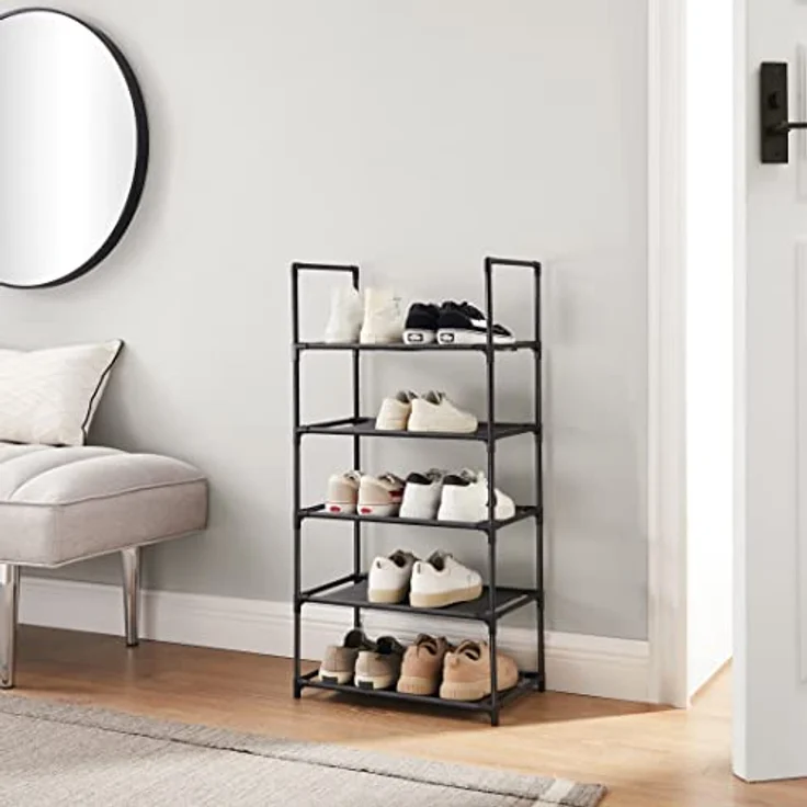 Songmics Schuhregal, 5 Ebenen, Schuhablage, Schuhaufbewahrung, schmal, 28 x 45 x 89 cm, Metallgestell, Ablagen aus Vliesstoff, für Flur, Schlafzimmer, schwarz LSH005B02 – Bild 5