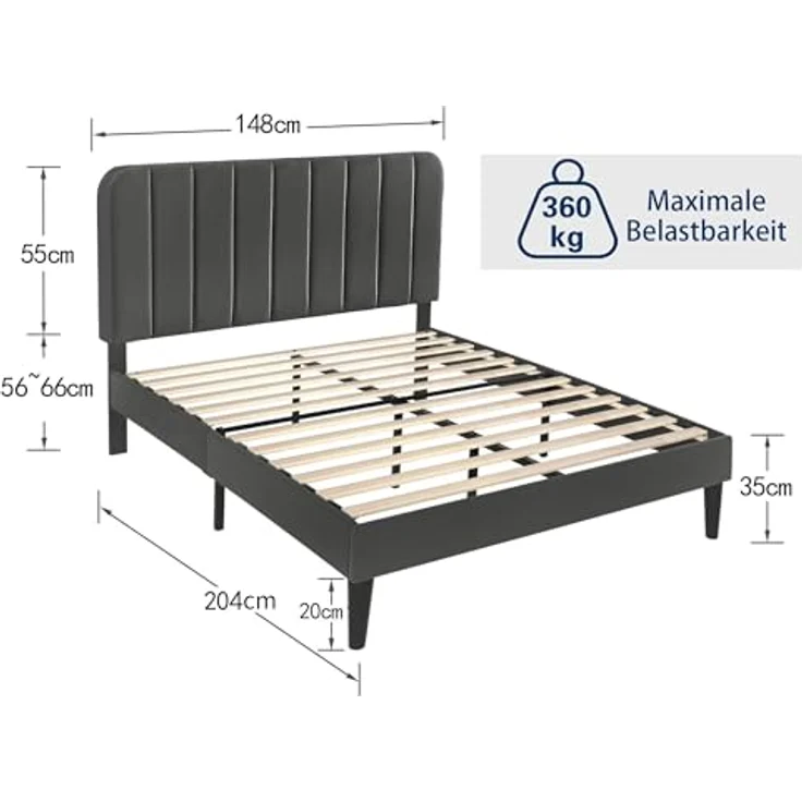 VECELO Polsterbett 140x200 cm Doppelbett mit höhenverstellbarem Samt-Kopfteil, Stabiler Bettrahmen mit Lattenrost, modernes Bettgestell für Schlafzimmer und Jugendzimmer, Grau – Bild 2