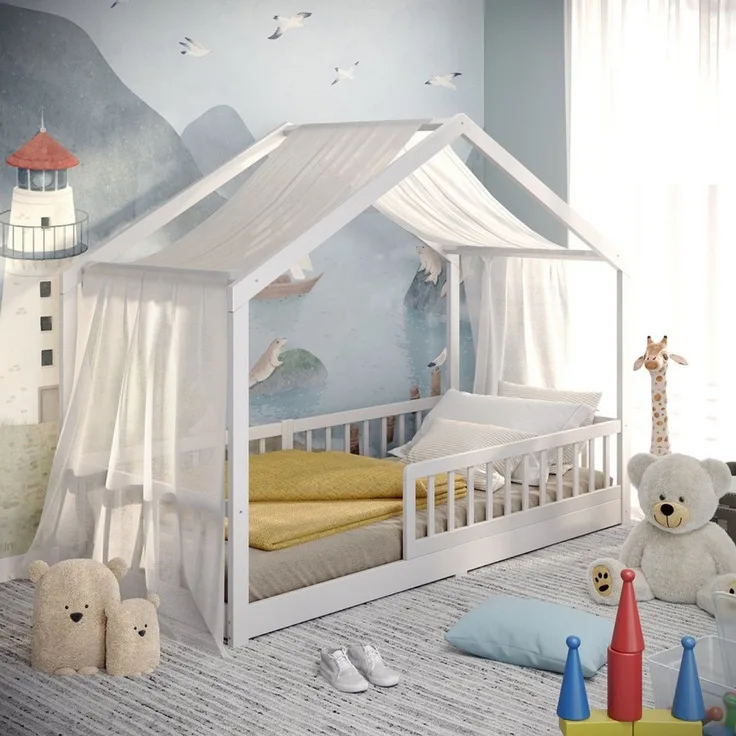 CADANI Kinderbett Malte Bodenbett Hausbett weiß (Rausfallschutz abnehmbar), Bodenbett Hausbett mit Roll-Lattenrost