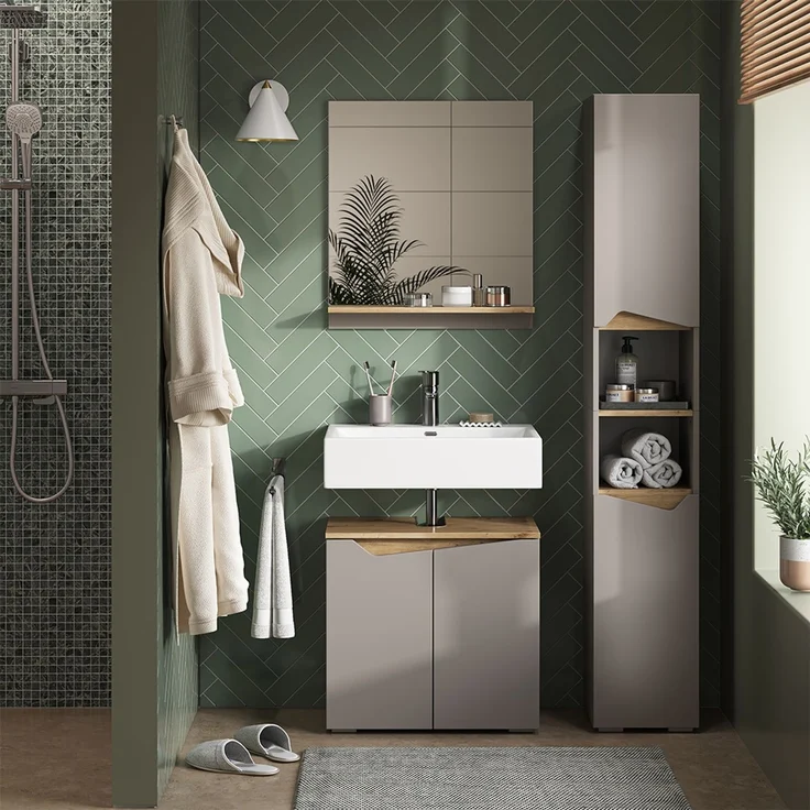 Badschrank Marelle Greige/Artisan 30 x 180 cm mit Türen, und offenen Fächern Vicco – Bild 4