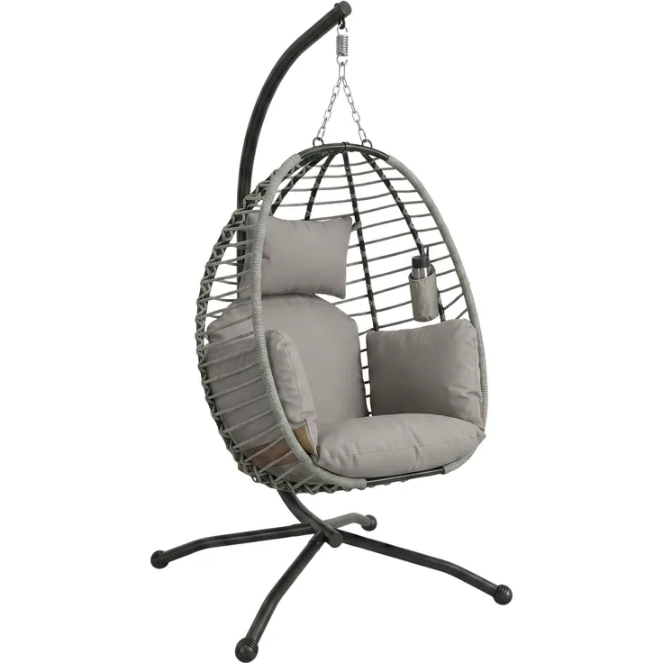 MELAYR, Hängesessel, Sitz- und Rückenkissen, faltbarer Sitzkorb, Becherhalter, Metallgestell, Grau, 110 x 100 x 188 cm