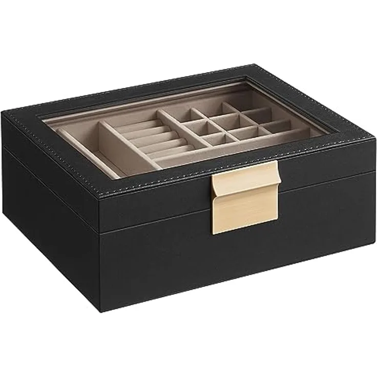 Songmics Schmuckkästchen mit Glasdeckel, Schmuckkasten 2 Ebenen, Schmucktablett herausnehmbar