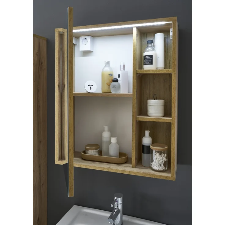 GREECE Spiegelschrank Bad mit LED-Beleuchtung in Wotan Eiche Optik - Badezimmerspiegel Schrank mit viel Stauraum - 60 x 70 x 20 cm (B/H/T) – Bild 5