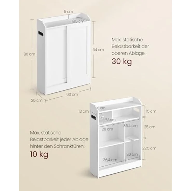 Vasagle Badezimmerschrank, Badschrank platzsparend, Toilettenrollenhalter, Toilettenbürstenhalter, Schiebetüren, verstellbare Einlegeböden, neben der Toilette, 20 x 60 x 80 cm, wolkenweiß BBC752W01 – Bild 3