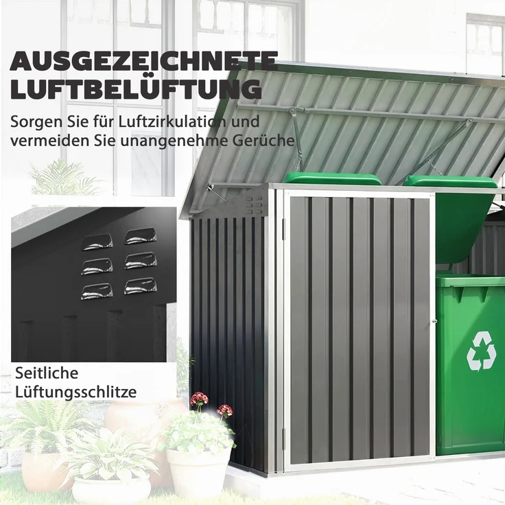 JARDJ Mülltonnenbox für 2 Mülltonnen aus verzinktem Stahl Müllbox mit Klappdeckel Gasdruckfeder Doppeltür Belüftungsöffnungen,179,5 x 108 x 129,5cm, Dunkelgrau – Bild 8