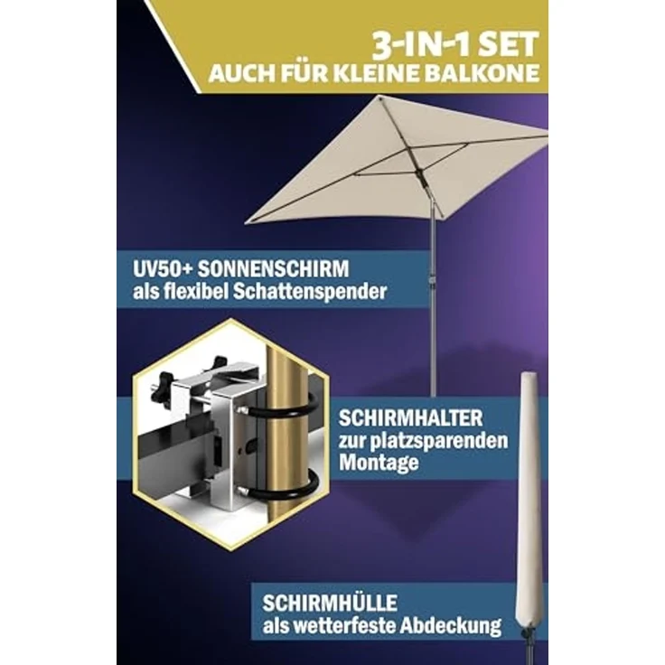 Menz Sonnenschirm Balkon - 3-IN-1 Sonnenschutz Balkon SET in Beige, UPF 50+ Sonnenschirm rechteckig 200x125 cm + Metall Sonnenschirmhalter Balkongeländer + Sonnenschirmhülle – Bild 6