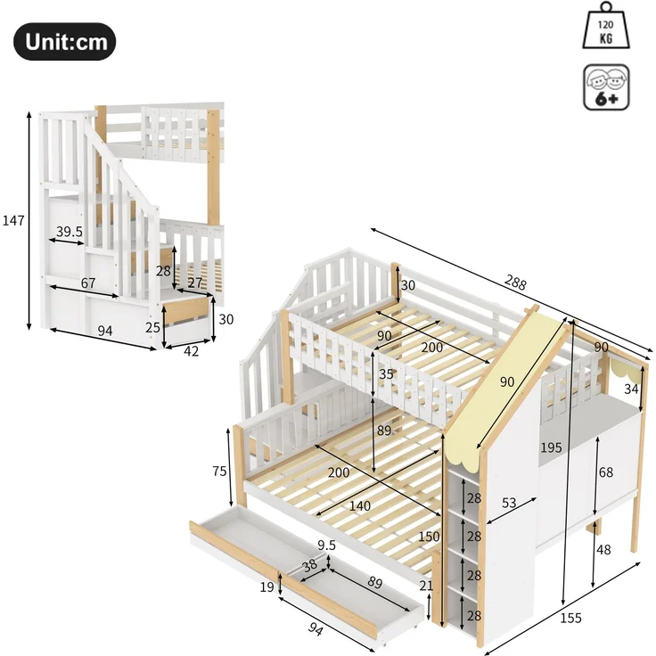 Etagenbett 90x200 cm + 140x200 cm mit Hausdach-Design, Sicherheitsgeländer, Stauraumleiter, offenen Fächern & 2 Schubladen – Bild 9