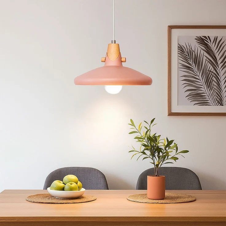 Hängeleuchte, pink, Metall, Holzoptik, H 150 cm – Bild 4