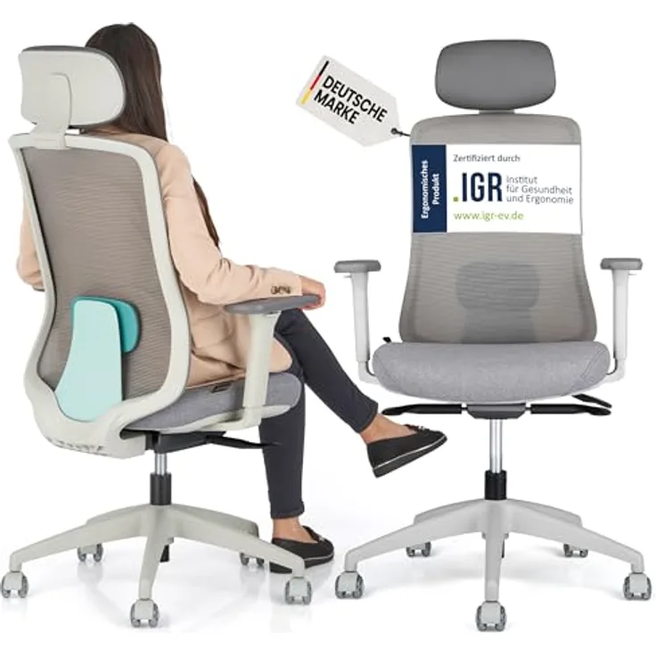 SCHEKKA ErgoPrime Pro Bürostuhl, ergonomisch, IGR zertifiziert, individuell einstellbar, 150 kg, Grau Mint