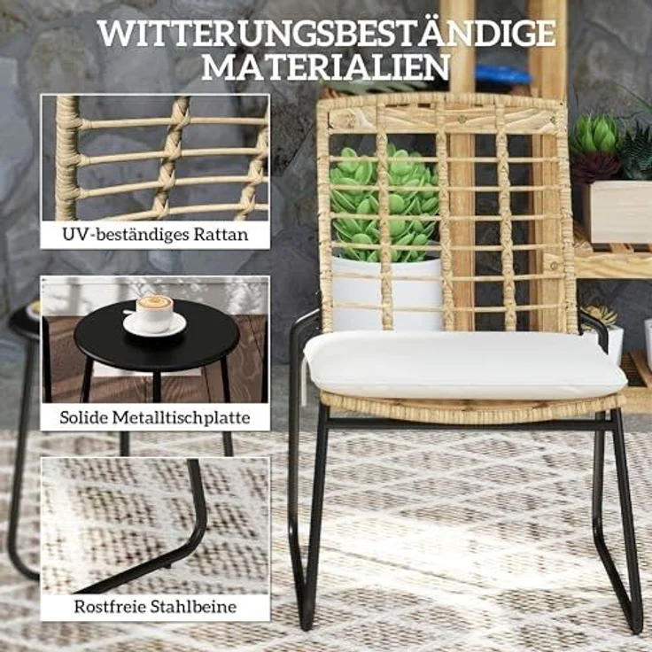 Outsunny Gartenlounge-Set 3-teilig, mit 2 stapelbar Stühle, Tisch, Kissen, wetterfest, (Balkonmöbel Set für 2 Personen, 3-tlg, Rattan Gartenmöbel Set), für Terrasse Balkon, Beige & Braun – Bild 4