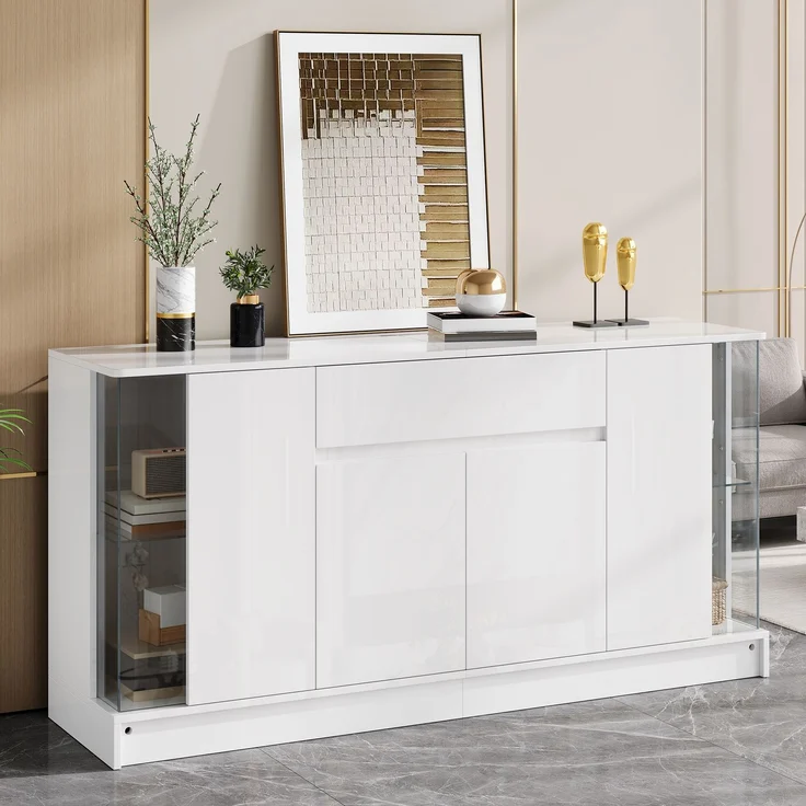 Sideboard 150 x 40 x 75 cm aus Spanplatte in Weiß Hochglanz mit Glasvitrinen und App-gesteuerter LED-Beleuchtung – Bild 2