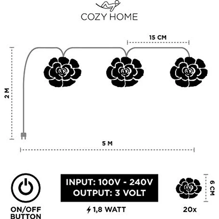 COZY HOME LED-Lichterkette Rosen Lichterkette Batterie & Stecker -, 5 Meter & 20 Blumen LED Warmweiß I Batterie&Stecker I Innenanwendung – Bild 5