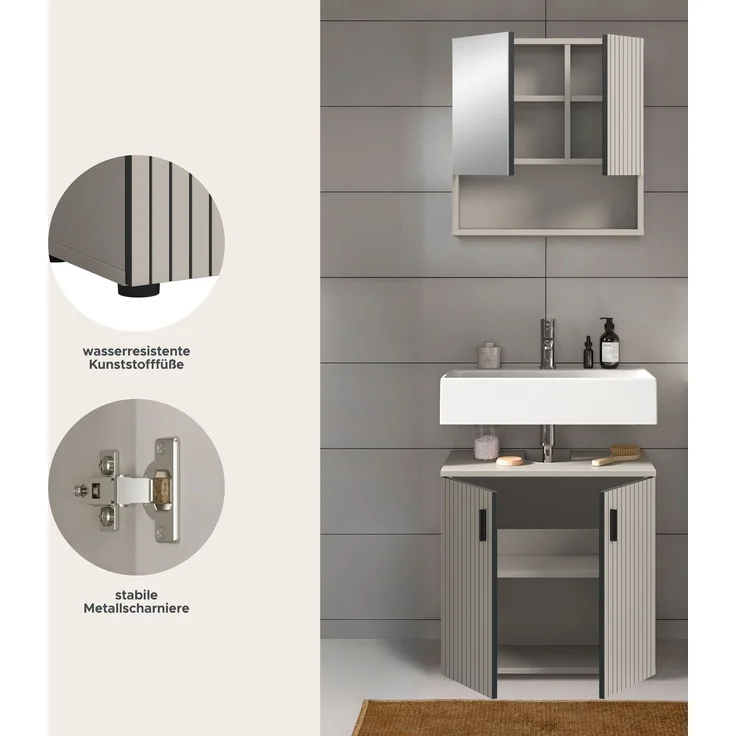 xonox. home – Badkombination Mone 60 x 180 x 30 cm in Kaschmir Nachbildung – 2-teiliges Set bestehend aus Waschbeckenunterschrank & Spiegelschrank – Ideale Lösung für kleine Bäder, modern & pflegeleicht – Bild 7