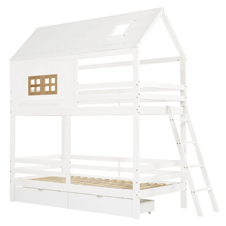 Merax Etagenbett, 90x200cm Kinderbett, Mit Schöne Fenster und Dach, Stabiler Lattenrost und Leiter, Mit zwei großen Schubladen, Weiß+Natur – Bild 9