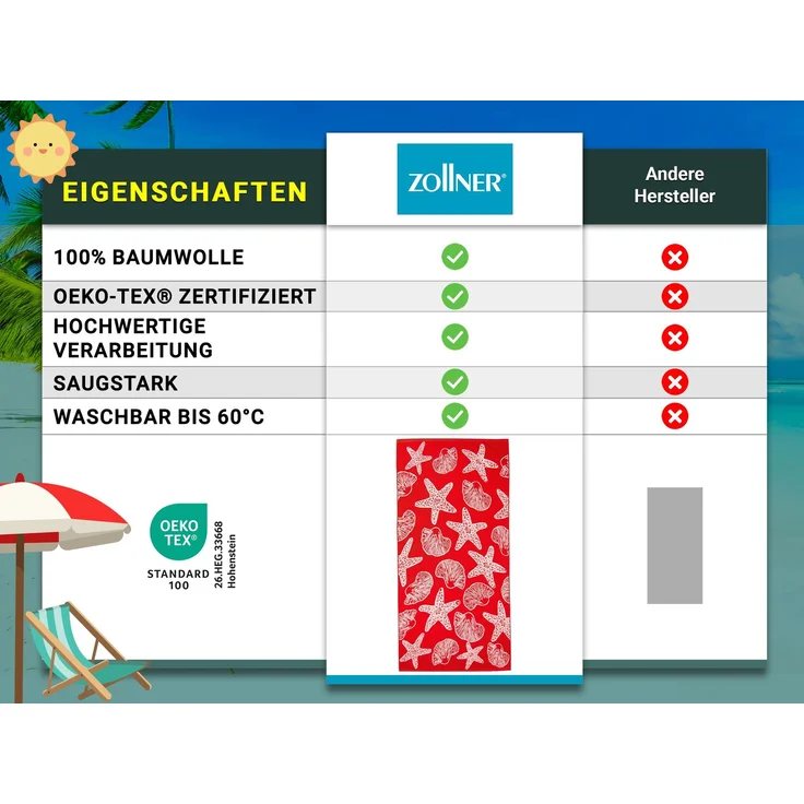 ZOLLNER Strandlaken, 100% Baumwolle, 90x180 cm, rot mit Meerestieren – Bild 5