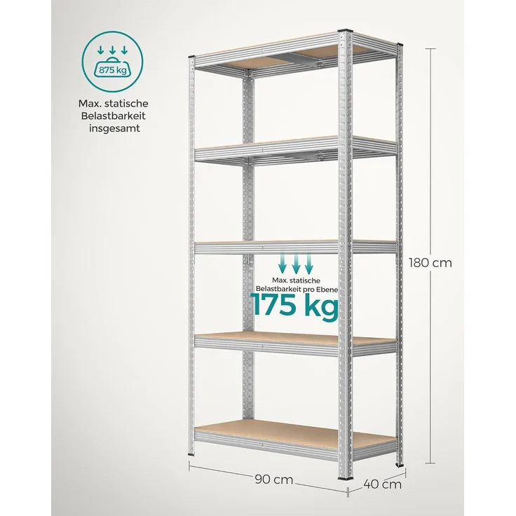5-stöckiges Lagerregal, 2er-Set, 180 x 90 x 40 cm, max. Belastung 875 kg (175 kg pro Ebene), Regaleinheiten, verstellbar – Bild 2