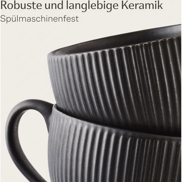 Cosumy Cappuccinotasse 6er Set mit Untertassen - 200 ml Kapazität - mattes Streifendesign, 12-tlg, Keramik, Dickwandig, hält lange warm, spülmaschinen- & mikrowellenfest, matt – Bild 4