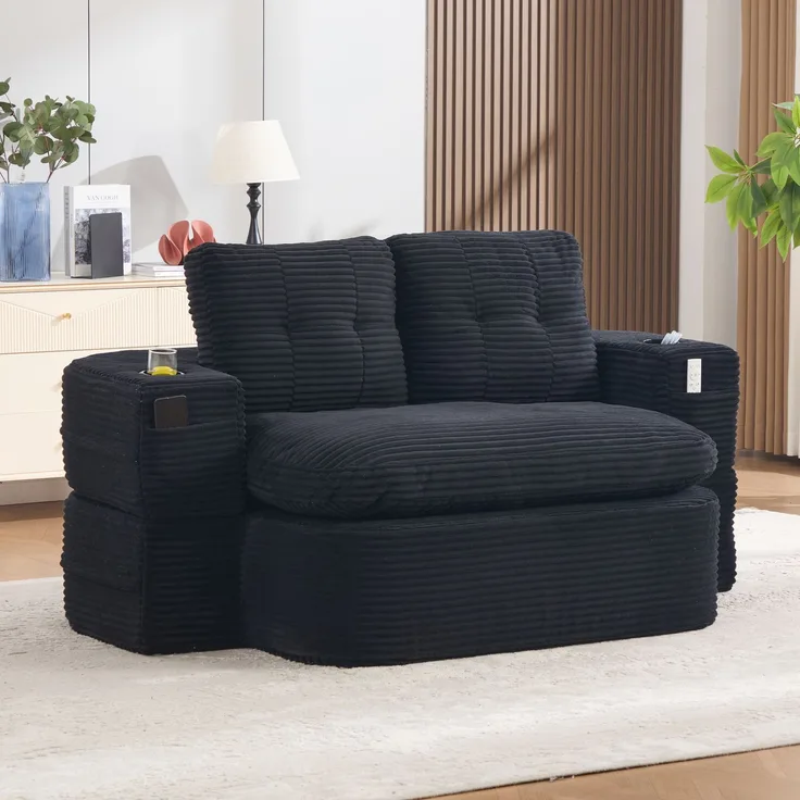 EINHOM Schlafsessel 2-in-1 aus Cord, Schlafsofa mit Liegefunktion, Komprimiertes Bodensofa mit Verstellbaren Armlehnen, 2 Getränkehaltern, Hoher Rückenlehne und Extra Tiefer Sitzfläche, Schwarz