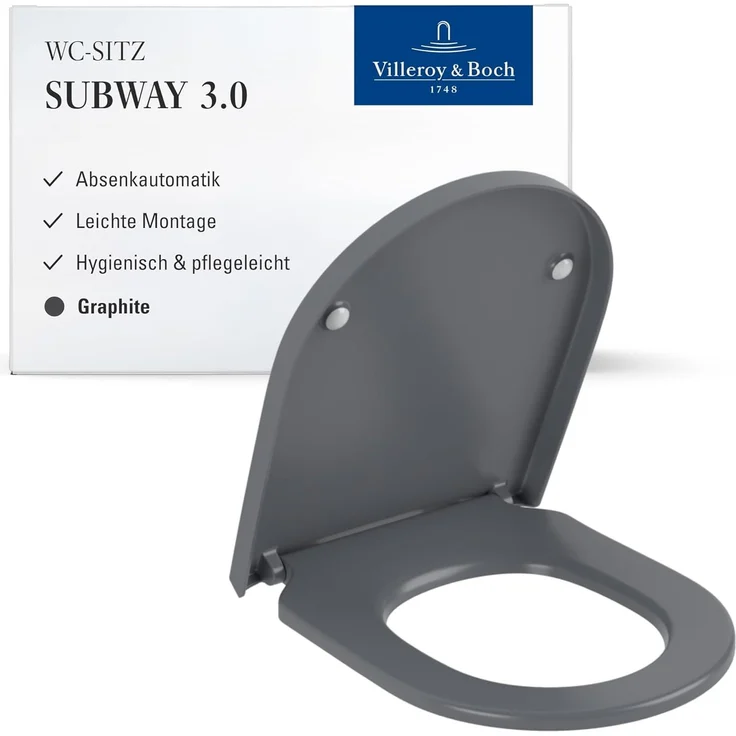 Villeroy & Boch Subway 3.0 WC-Sitz, Toilettendeckel mit Absenkautomatik, abnehmbarer Toilettensitz aus bruchsicherem Duroplast, Klodeckel Original Ersatzteil, D-Form, Graphite, matt
