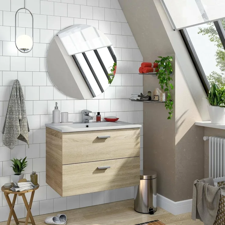 Dmora - Badezimmermöbel Denison, Badezimmerschrank, Mehrzweckschrank, Hängeschrank mit Spiegel, 70x45 h50 cm, Eiche