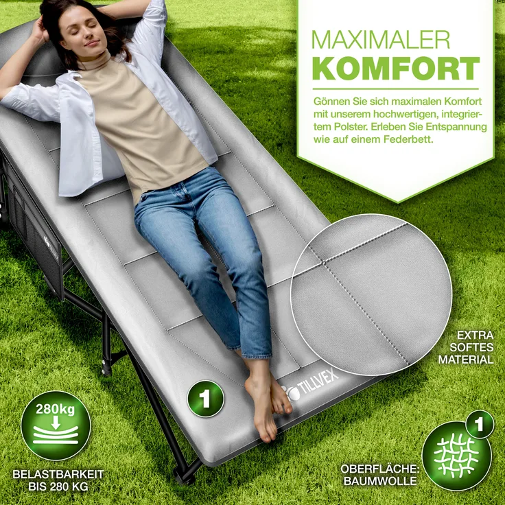 tillvex® Campingbett Grau 210 x 80 x 40 cm klappbar mit Tragetasche bis 280 kg | Campingliege extra breit | Feldbett Karpfenliege für Outdoor & Indoor | Klappbett Gästebett faltbar Garten Camping Angeln Festival Reise