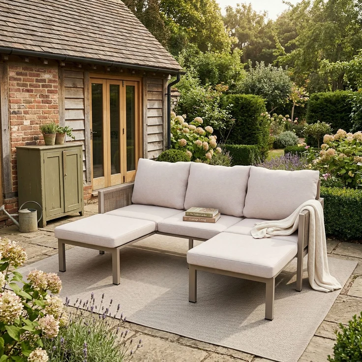 Merax Gartenmöbel-Set, Outdoorsofa, 3-Sitzer-Sofa, Multifunktionales Sofa, lässt sich in einen Liegesessel verwandeln, verzinktes Eisen, Khaki – Bild 2