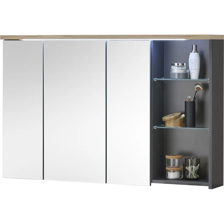 Badezimmerspiegelschrank >Memphis< Grau / Artisan Eiche Dekor - 110x70x20 (BxHxT)
