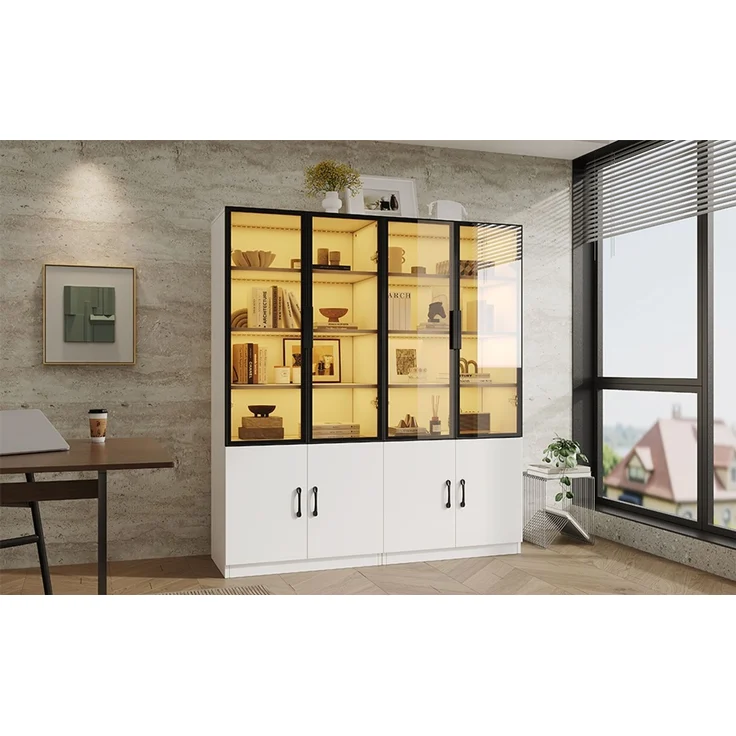 ZUBALIYA 60×40×160 cm große Vitrine mit LED-Beleuchtung – Vitrine aus Rauchglas mit Aluminiumrahmen und zwei Türen im unteren Bereich, Bücherregal, Vitrine,Sideboard – Bild 15