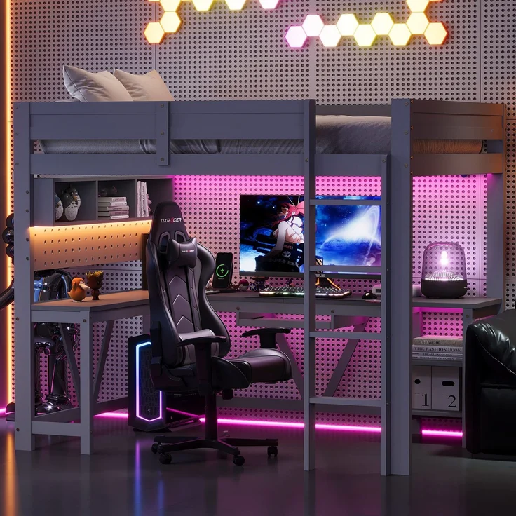 Hochbett mit RGB LED-Streifen und Eckschreibtisch, Trittletier, Regal, Wandgitter, USB und Type-C, 90x200 cm, Kinderbett mit Rausfallschutz, Kiefer – Bild 3