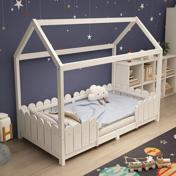 Hausbett mit Lattenrost, 90x200 cm, Kinderbett mit Rausfallschutz, Kiefer – Bild 1