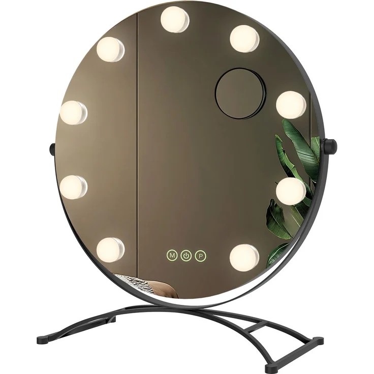 EMKE Runder Schminkspiegel Hollywood Spiegel mit Beleuchtung LED Tischspiegel, mit Touch, 3 Lichtfarben,9 Dimmbaren LED-Leuchtmitteln,7 x Vergrößerungsspiegel,Memory-Funktion, 360° Drehbar,Schwarz,40 cm – Bild 1