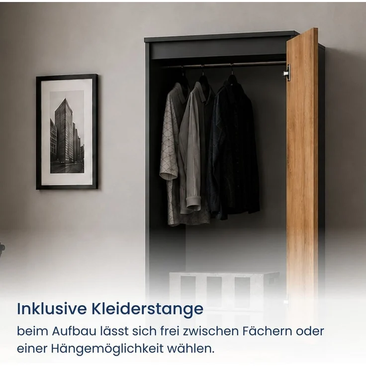 Home Collective Kleiderschrank Hochschrank Garderobenschrank Mehrzweckschrank Schrank schmal (50 cm breit, mit 1 Schubladen, Kleiderstange & Einlegeböden) Wäscheschrank, grifflose Front, mit Aufsatz Anthrazit-Eiche – Bild 4