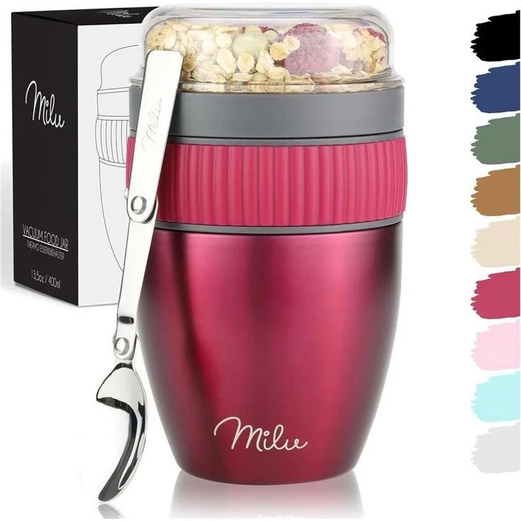 Milu Müslibox Müslibecher To Go Edelstahl 400 ml, isoliert, auslaufsicher, Müslimax Set – Bild 1