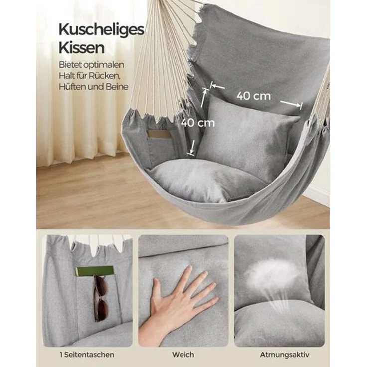 Songmics Hängesessel, Hängeschaukel, Hängestuhl mit 2 Kissen, Metallkette, bis 150 kg belastbar, Indoor und Outdoor, Wohnzimmer, Schlafzimmer, taubengrau GDC187G01 – Bild 2
