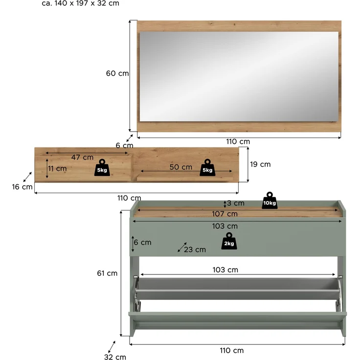 Garderobenkombination B/H/T: 192x140x32 cm in Salbei Nachbildung und Artisan Oak Nachbildung – Bild 4