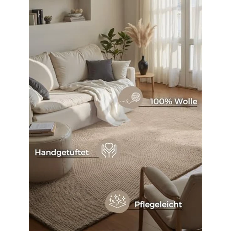 XXXL Wollteppich Eleni, Beige, Rechteckig 120x180 cm, Pflegeleicht, Strapazierfähig, Für Fußbodenheizung geeignet, Naturmaterial mit Struktur – Bild 3