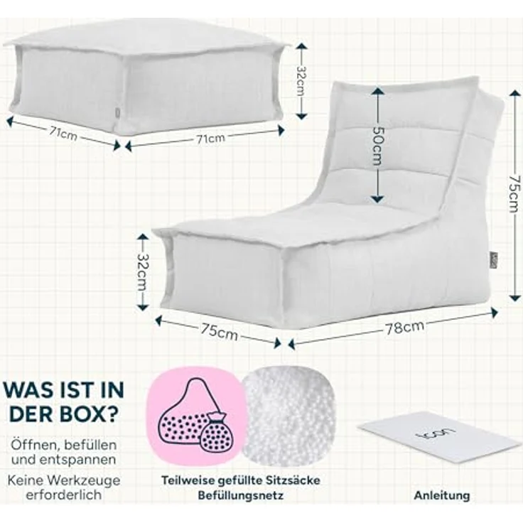 icon Sitzsack Sitzsackgarnitur mit Liege und Fußhocker „Dolce“ (Spar-Set, 1 x Sitzsack, 1 x Fußhocker), 75x75x96cm, Made in Germany, UV-beständig, wetterfest – Bild 4
