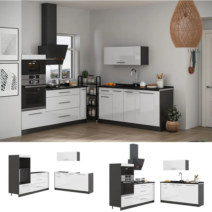 Küchenzeile Fame-Line Weiß Hochglanz/Anthrazit 340 cm, AP Anthrazit Vicco – Bild 4