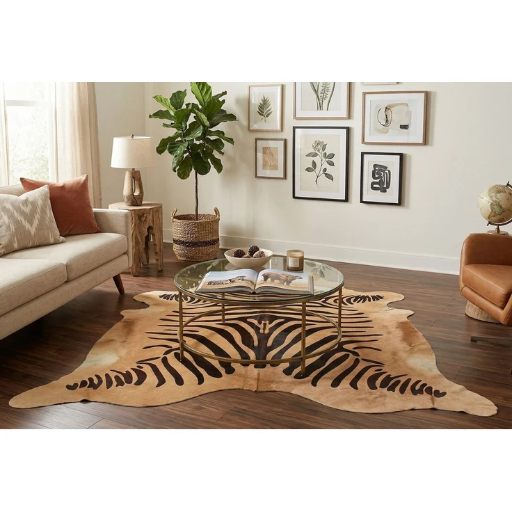 KUHFELL online & NOMAD Fellteppich Kuhfell creme weiß mit Zebra Print Rinder Fell Teppich – Bild 1