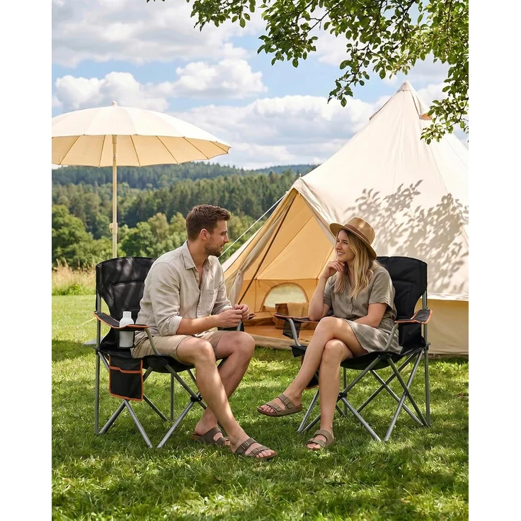Campingstuhl, 220 KG Campingstuhl Faltbar mit Kühltasche, Getränkehalter, Tragetasch, Hochlehner Bequem Gepolste, Anglersessel Klappstuhl Garten Balkon Strand, Schwarz und Orange – Bild 4